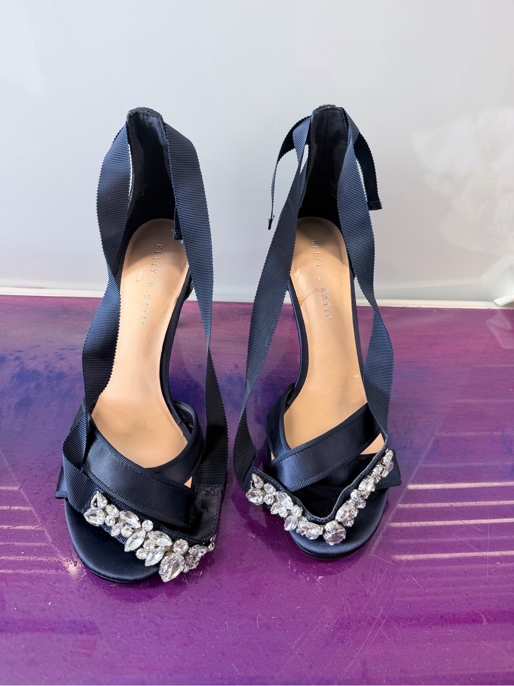 Kelly & Katie Navy Satin Crystal Tie-Heel Ribbon